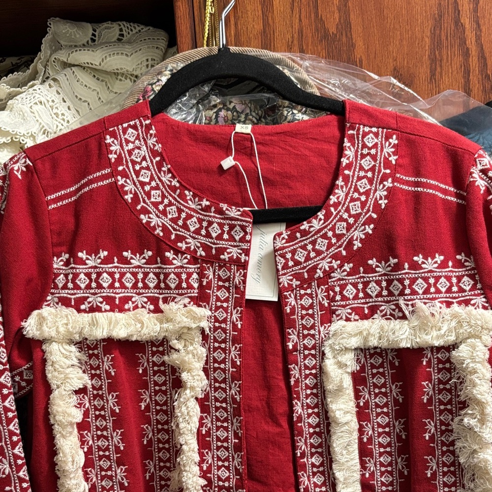 Julia Amory Red Jacket with White Embroidery - Picture 2 of 13